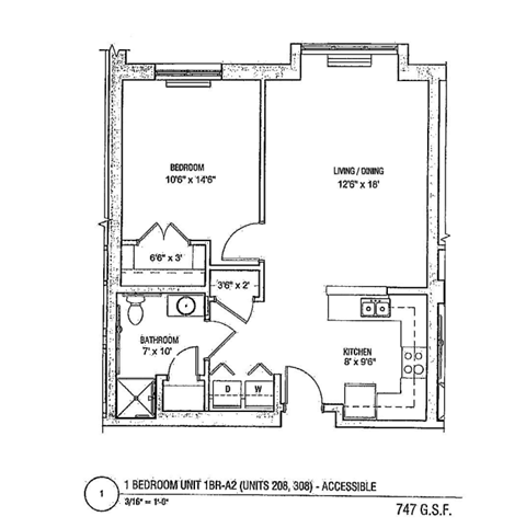 Floor plan for 1 bed, 1 bath, 747 sqft